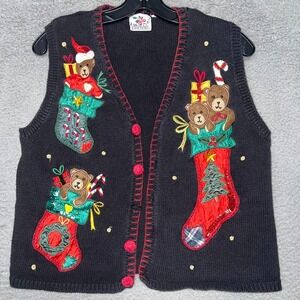VTG Nutcracker Sweater Vest Women's Sz 19x21 Black Embroider Ugly Christmas Bear